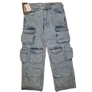 Copper Rivet Mens Multi Pocket Cargo Jeans: Comfort Fit, Medium Wash 36x32 NWT